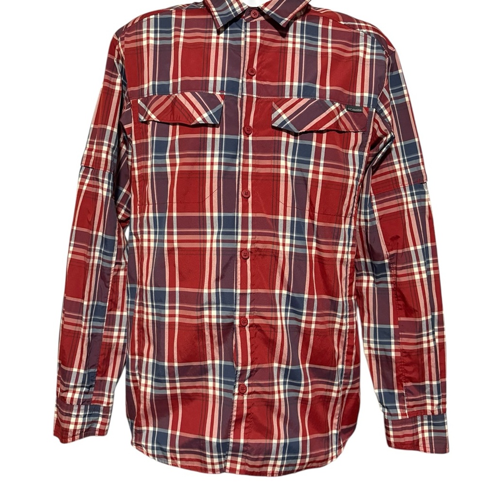 Men’s Columbia Red and Blue Plaid Casual 2 Pocket Button Down Shirt Size L